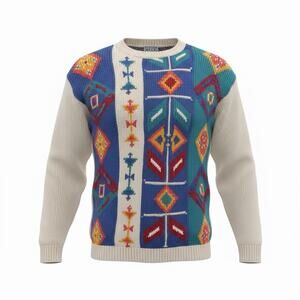 VTG Russ Sport Funky Multi Color Grandpa Sweater Pattern Boho Hippie Size S M